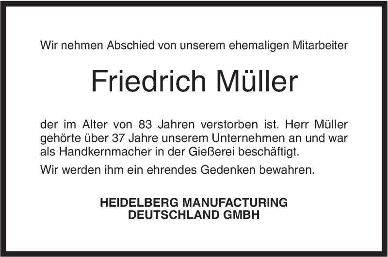  Traueranzeige für Friedrich Müller vom 21.07.2018 aus Geislinger Zeitung