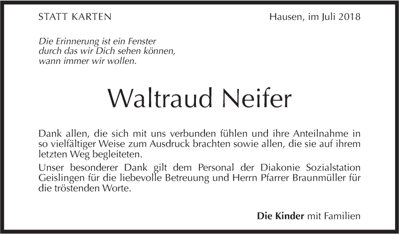  Traueranzeige für Waltraud Neifer vom 27.07.2018 aus Geislinger Zeitung