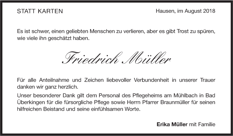  Traueranzeige für Friedrich Müller vom 10.08.2018 aus Geislinger Zeitung