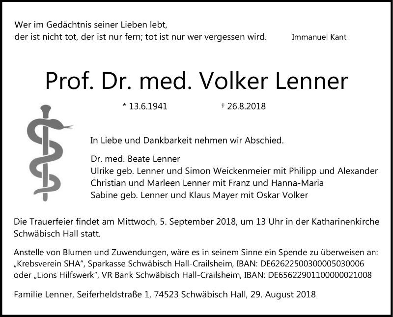  Traueranzeige für Volker Lenner vom 29.08.2018 aus Haller Tagblatt