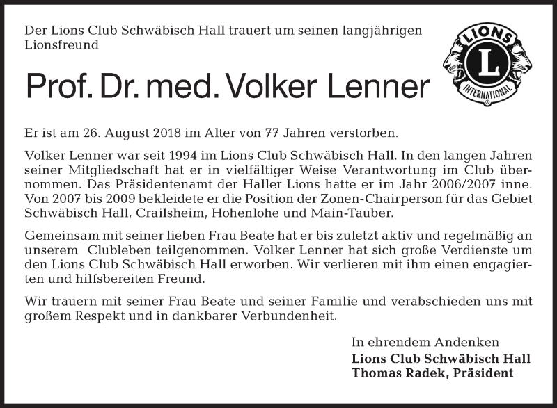  Traueranzeige für Volker Lenner vom 30.08.2018 aus Haller Tagblatt