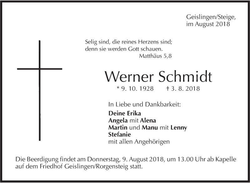  Traueranzeige für Werner Schmidt vom 06.08.2018 aus Geislinger Zeitung