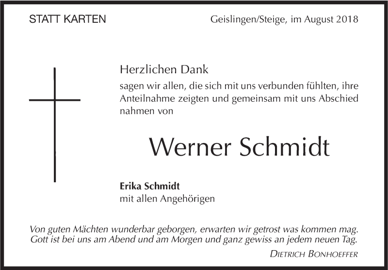  Traueranzeige für Werner Schmidt vom 25.08.2018 aus Geislinger Zeitung