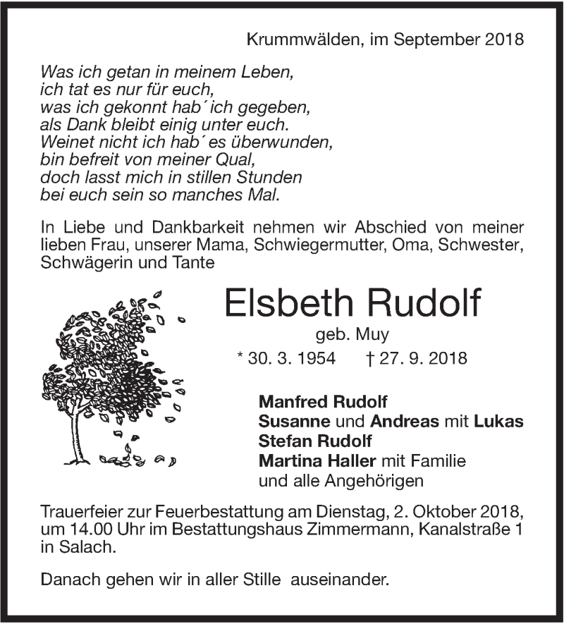  Traueranzeige für Elsbeth Rudolf vom 29.09.2018 aus NWZ Neue Württembergische Zeitung/Geislinger Zeitung