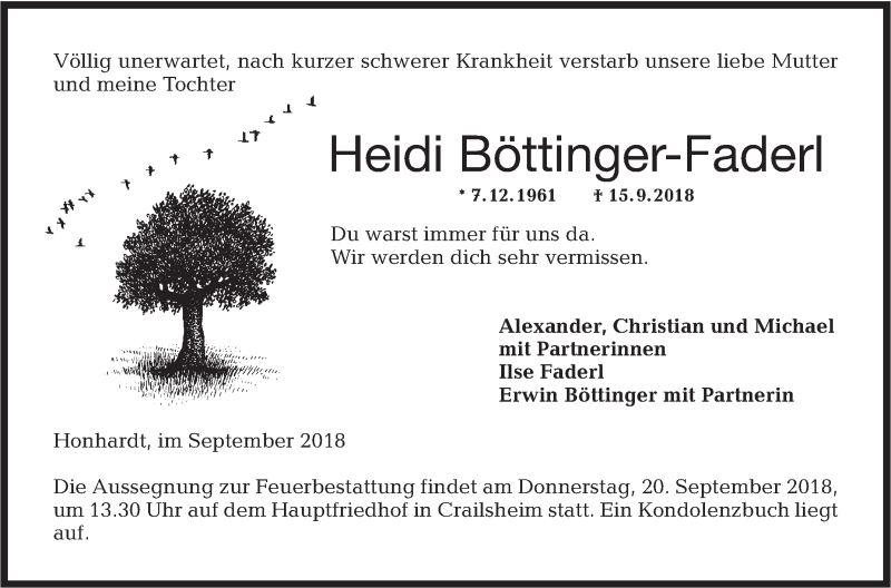  Traueranzeige für Heidi Böttinger-Faderl vom 18.09.2018 aus Hohenloher Tagblatt
