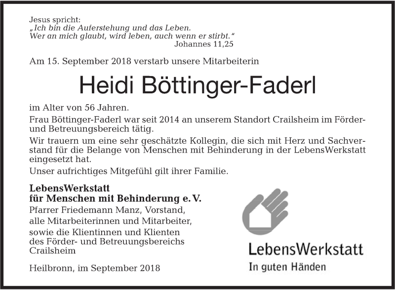  Traueranzeige für Heidi Böttinger-Faderl vom 21.09.2018 aus Hohenloher Tagblatt