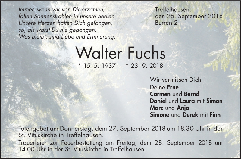  Traueranzeige für Walter Fuchs vom 25.09.2018 aus Geislinger Zeitung