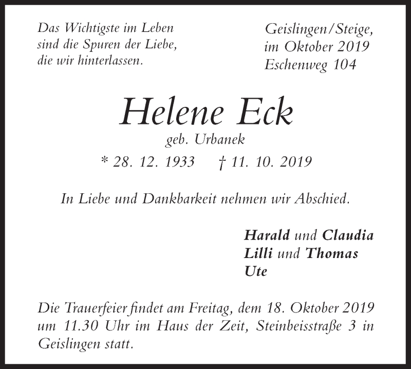  Traueranzeige für Helene Eck vom 15.10.2019 aus Geislinger Zeitung