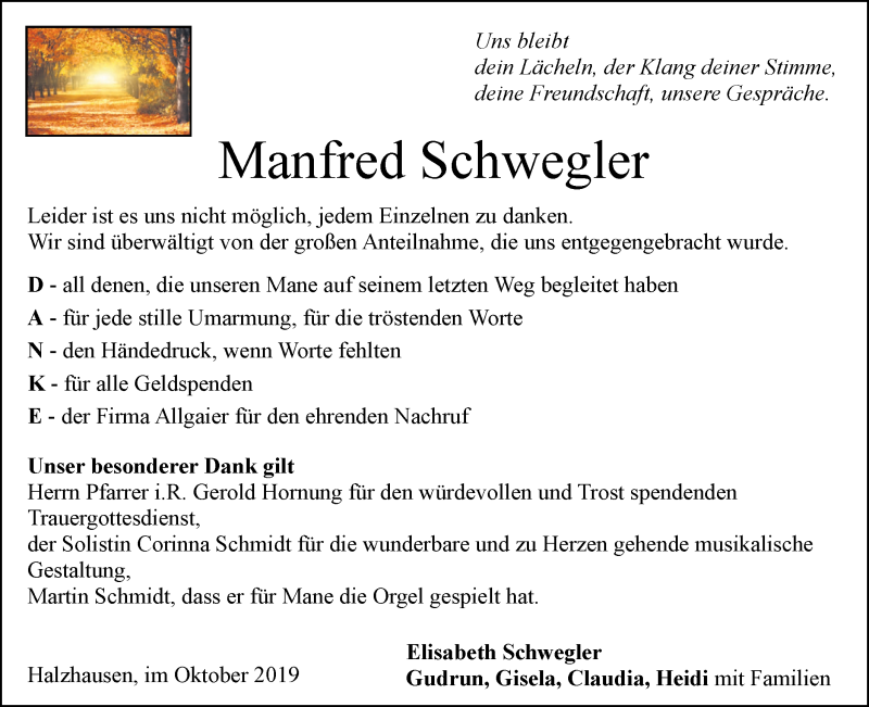  Traueranzeige für Manfred Schwegler vom 26.10.2019 aus Geislinger Zeitung