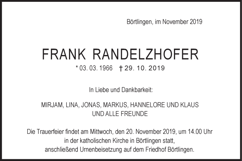  Traueranzeige für Frank Randelzhofer vom 16.11.2019 aus NWZ Neue Württembergische Zeitung