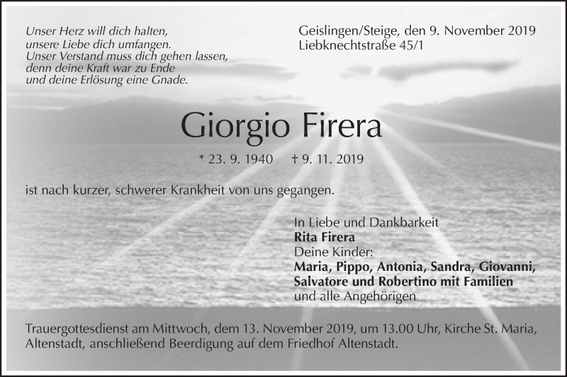  Traueranzeige für Giorgio Firera vom 11.11.2019 aus Geislinger Zeitung