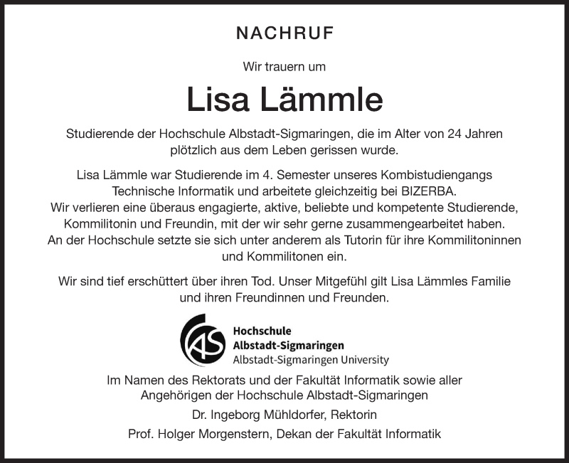  Traueranzeige für Lisa Lämmle vom 18.12.2019 aus Hohenzollerische Zeitung