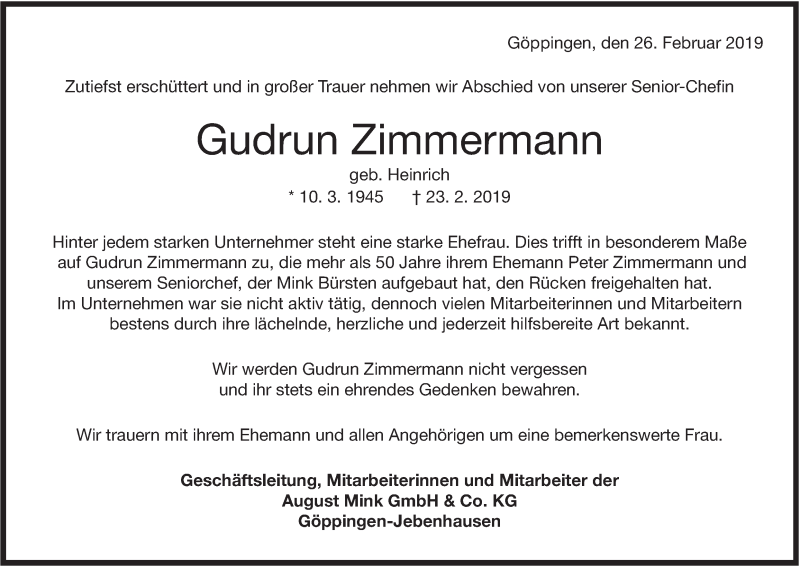  Traueranzeige für Gudrun Zimmermann vom 26.02.2019 aus NWZ Neue Württembergische Zeitung/Geislinger Zeitung