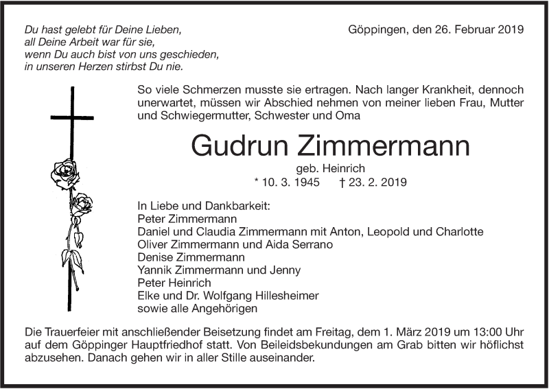  Traueranzeige für Gudrun Zimmermann vom 26.02.2019 aus NWZ Neue Württembergische Zeitung/Geislinger Zeitung