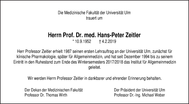  Traueranzeige für Hans-Peter Zeitler vom 06.02.2019 aus SÜDWEST PRESSE Ausgabe Ulm/Neu-Ulm