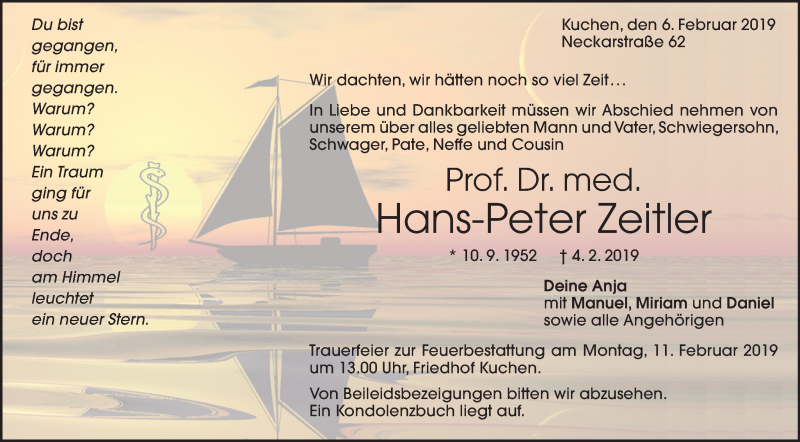  Traueranzeige für Hans-Peter Zeitler vom 06.02.2019 aus SÜDWEST PRESSE Ausgabe Ulm/Neu-Ulm