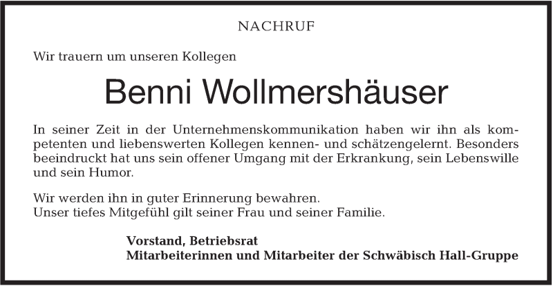  Traueranzeige für Benni Wollmershäuser vom 30.03.2019 aus Haller Tagblatt