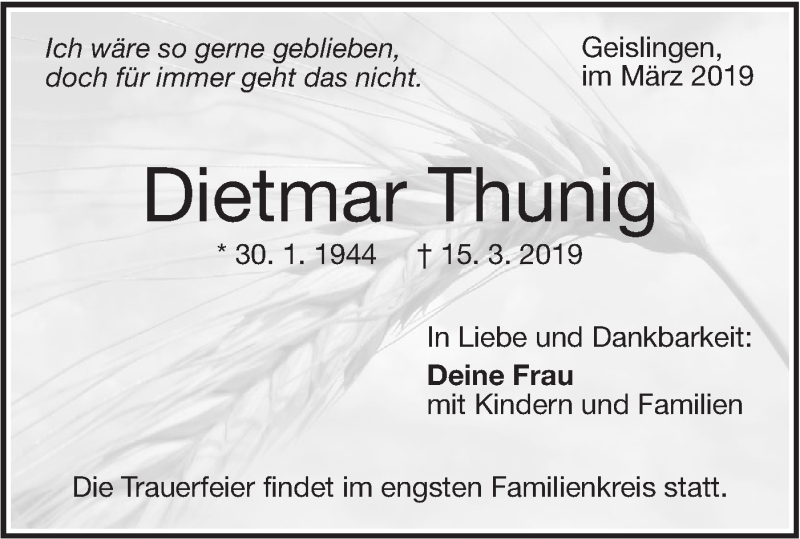  Traueranzeige für Dietmar Thunig vom 20.03.2019 aus Geislinger Zeitung
