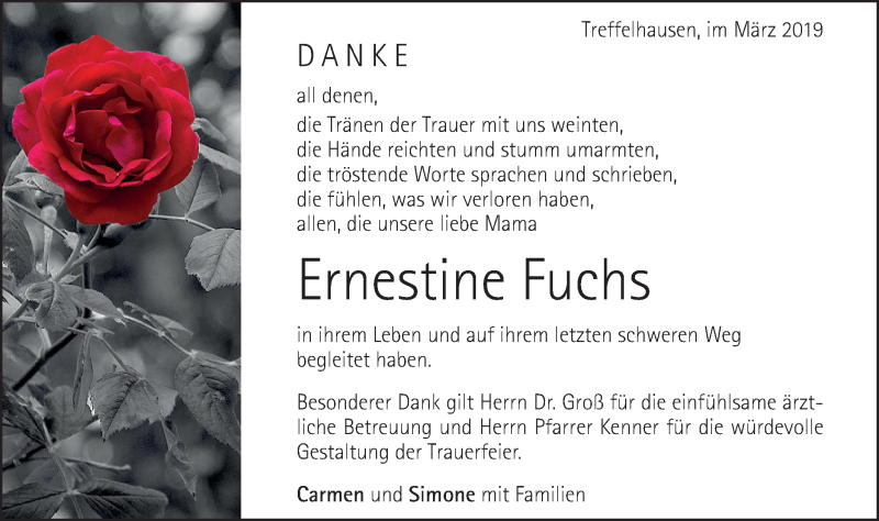  Traueranzeige für Ernestine Fuchs vom 23.03.2019 aus NWZ Neue Württembergische Zeitung/Geislinger Zeitung
