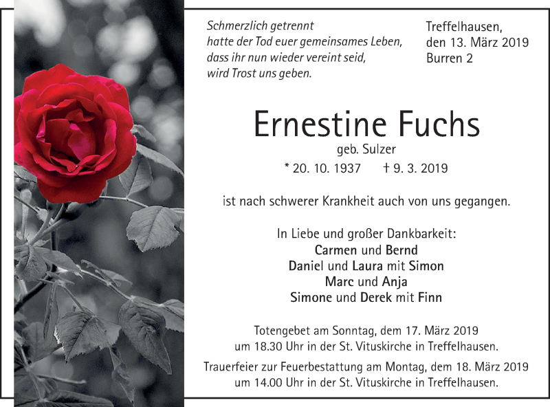  Traueranzeige für Ernestine Fuchs vom 13.03.2019 aus NWZ Neue Württembergische Zeitung/Geislinger Zeitung