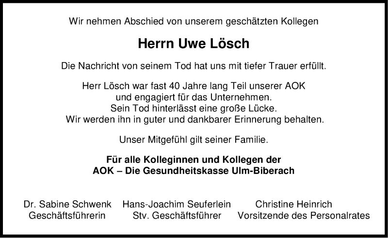  Traueranzeige für Uwe Lösch vom 02.03.2019 aus SÜDWEST PRESSE Ausgabe Ulm/Neu-Ulm