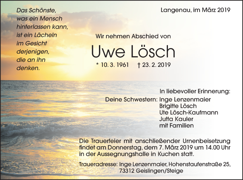 Traueranzeige für Uwe Lösch vom 02.03.2019 aus SÜDWEST PRESSE Ausgabe Ulm/Neu-Ulm