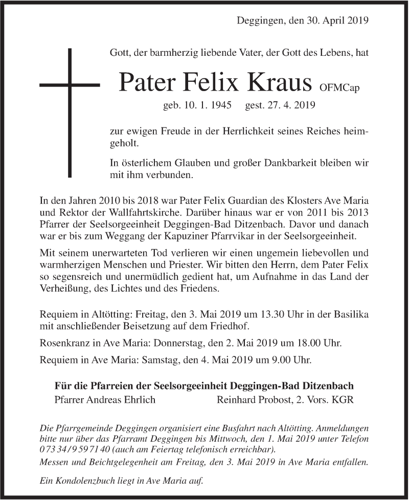  Traueranzeige für Felix Kraus vom 30.04.2019 aus Geislinger Zeitung