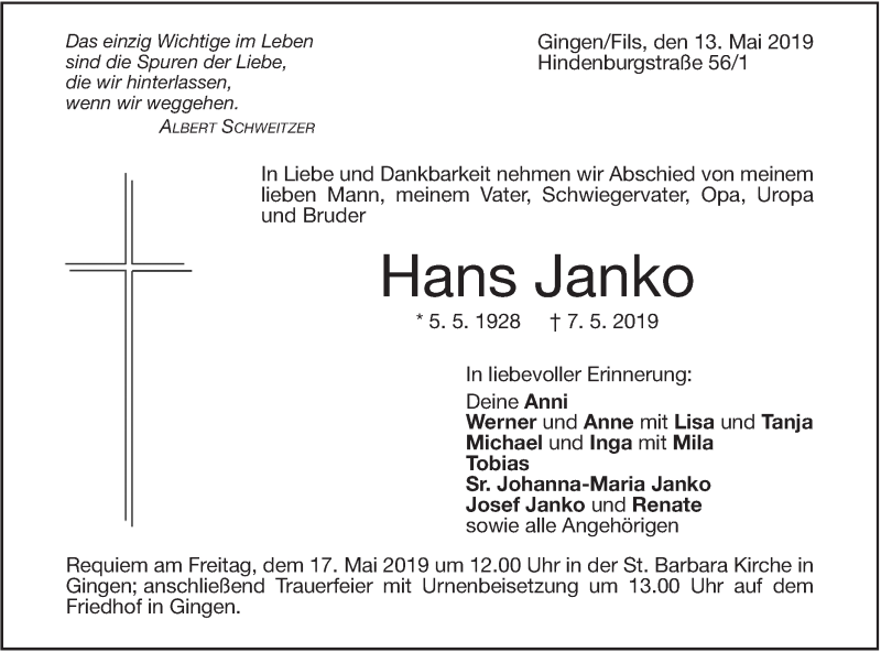  Traueranzeige für Hans Janko vom 13.05.2019 aus Geislinger Zeitung