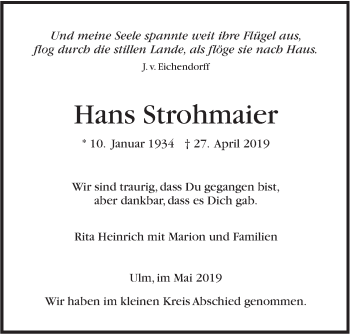 Traueranzeige von Hans Strohmaier von SÜDWEST PRESSE Ausgabe Ulm/Neu-Ulm