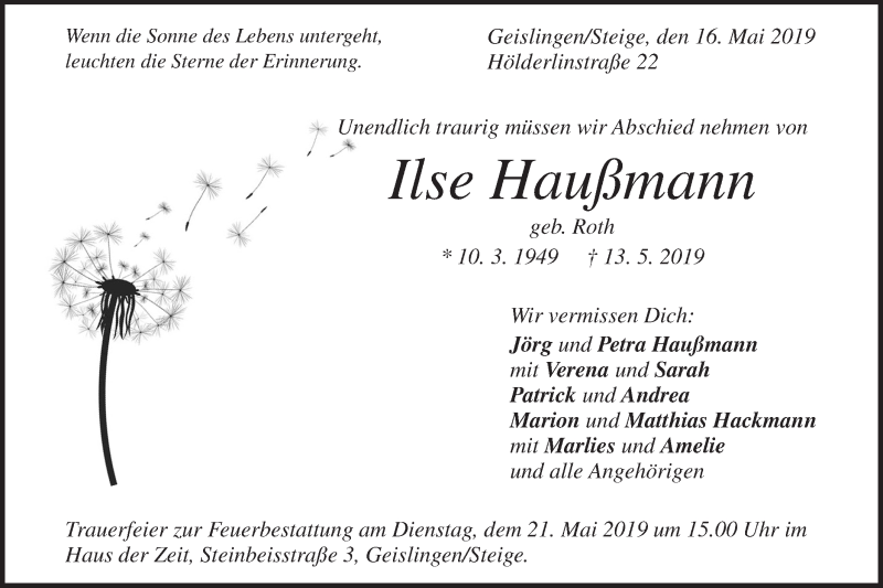  Traueranzeige für Ilse Haußmann vom 16.05.2019 aus Geislinger Zeitung