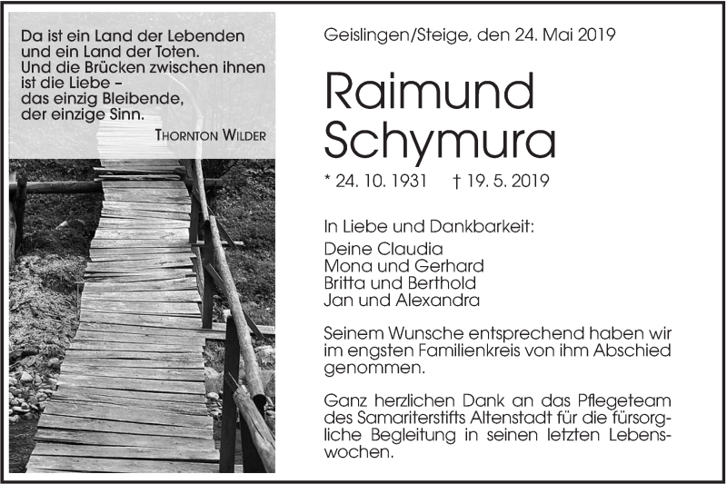  Traueranzeige für Raimund Schymura vom 24.05.2019 aus Geislinger Zeitung