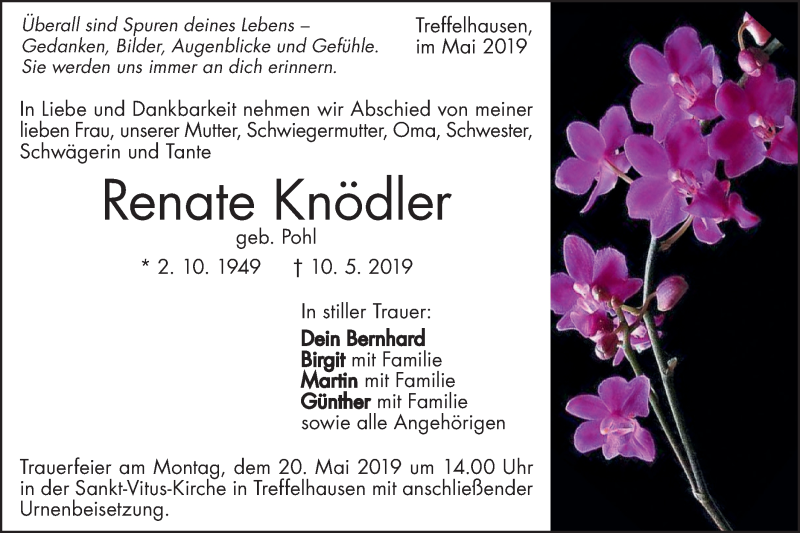 Traueranzeige für Renate Knödler vom 16.05.2019 aus Geislinger Zeitung