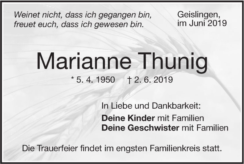  Traueranzeige für Marianne Thunig vom 04.06.2019 aus Geislinger Zeitung