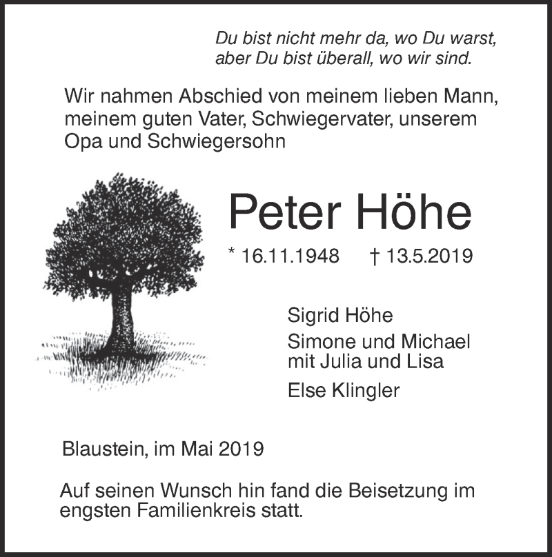  Traueranzeige für Peter Höhe vom 25.05.2019 aus SÜDWEST PRESSE Ausgabe Ulm/Neu-Ulm