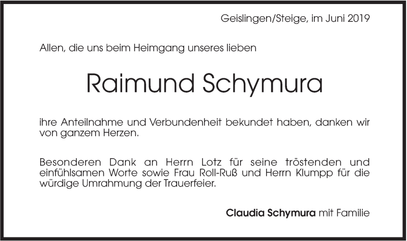  Traueranzeige für Raimund Schymura vom 07.06.2019 aus Geislinger Zeitung