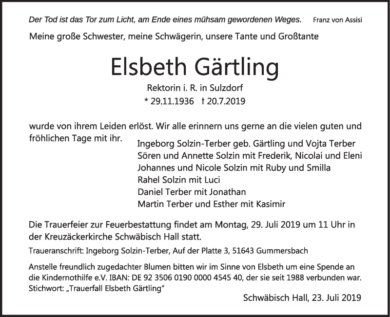  Traueranzeige für Elsbeth Gärtling vom 23.07.2019 aus Haller Tagblatt