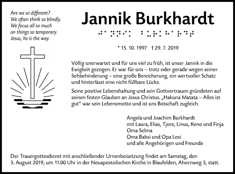  Traueranzeige für Jannik Burkhardt vom 01.08.2019 aus Hohenloher Tagblatt