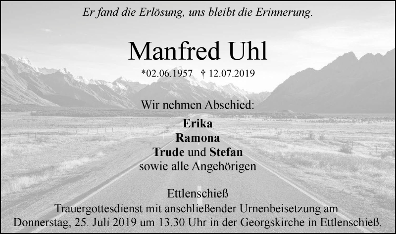  Traueranzeige für Manfred Uhl vom 18.07.2019 aus SÜDWEST PRESSE Ausgabe Ulm/Neu-Ulm