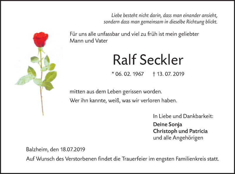  Traueranzeige für Ralf Seckler vom 18.07.2019 aus SÜDWEST PRESSE Ausgabe Ulm/Neu-Ulm