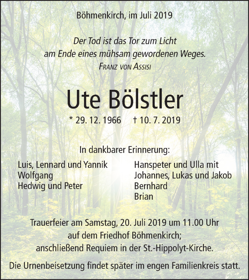  Traueranzeige für Ute Bölstler vom 17.07.2019 aus Geislinger Zeitung