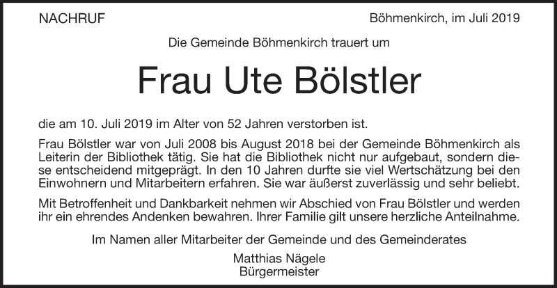  Traueranzeige für Ute Bölstler vom 17.07.2019 aus Geislinger Zeitung
