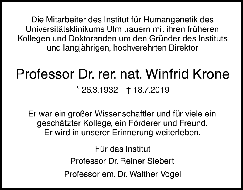  Traueranzeige für Winfrid Krone vom 27.07.2019 aus SÜDWEST PRESSE Ausgabe Ulm/Neu-Ulm