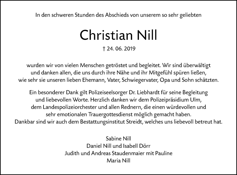  Traueranzeige für Christian Nill vom 03.08.2019 aus SÜDWEST PRESSE Ausgabe Ulm/Neu-Ulm