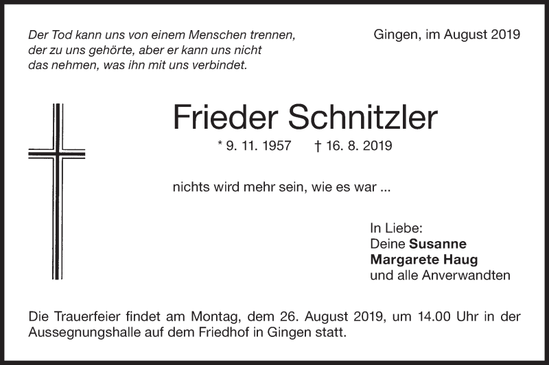  Traueranzeige für Frieder Schnitzler vom 21.08.2019 aus NWZ Neue Württembergische Zeitung/Geislinger Zeitung