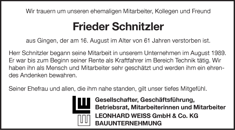  Traueranzeige für Frieder Schnitzler vom 23.08.2019 aus NWZ Neue Württembergische Zeitung/Geislinger Zeitung