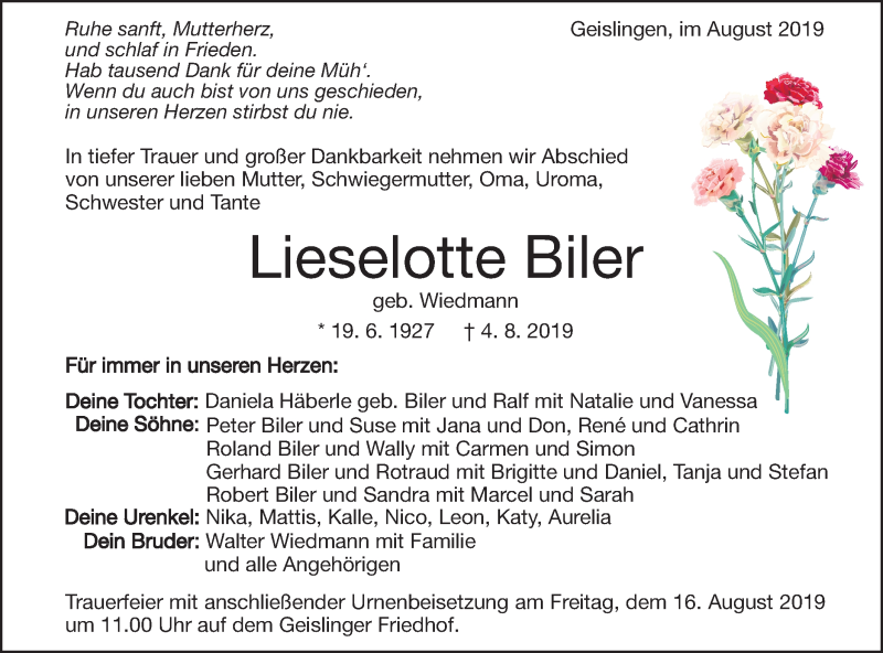  Traueranzeige für Lieselotte Biler vom 12.08.2019 aus Geislinger Zeitung