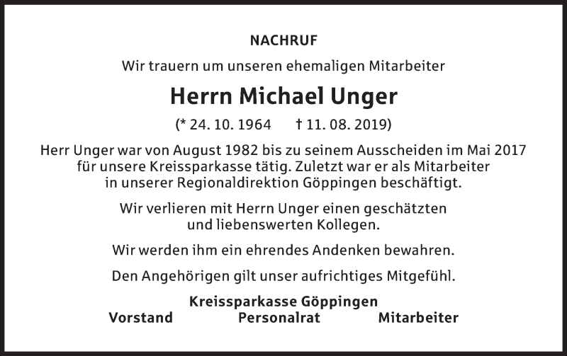  Traueranzeige für Michael Unger vom 17.08.2019 aus NWZ Neue Württembergische Zeitung/Geislinger Zeitung