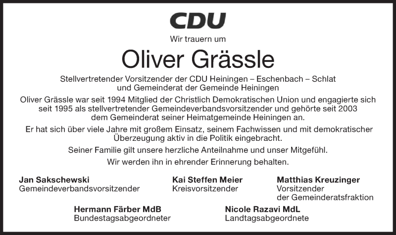  Traueranzeige für Oliver Grässle vom 06.08.2019 aus NWZ Neue Württembergische Zeitung/Geislinger Zeitung