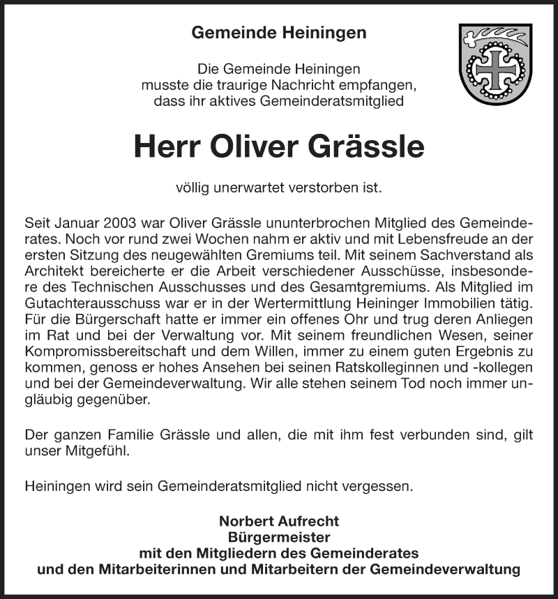  Traueranzeige für Oliver Grässle vom 06.08.2019 aus NWZ Neue Württembergische Zeitung