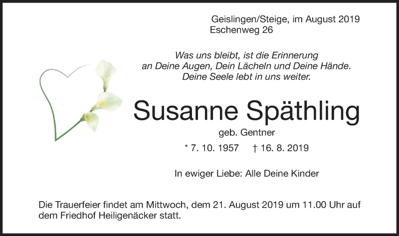  Traueranzeige für Susanne Späthling vom 20.08.2019 aus NWZ Neue Württembergische Zeitung/Geislinger Zeitung